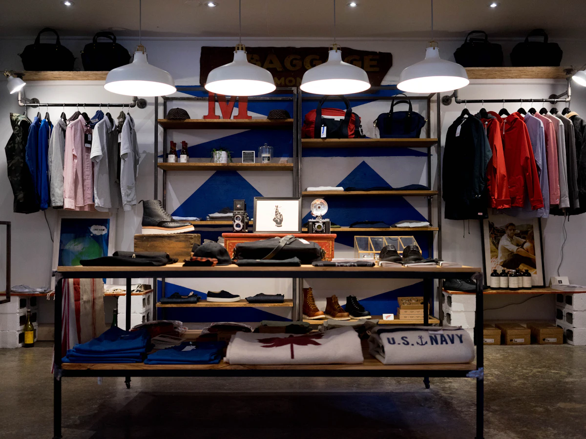 Clothing displayed on tables inside a retail shop.